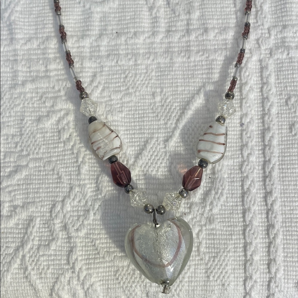 Elegant Glass Heart Pendant Necklace with white and purple color accents